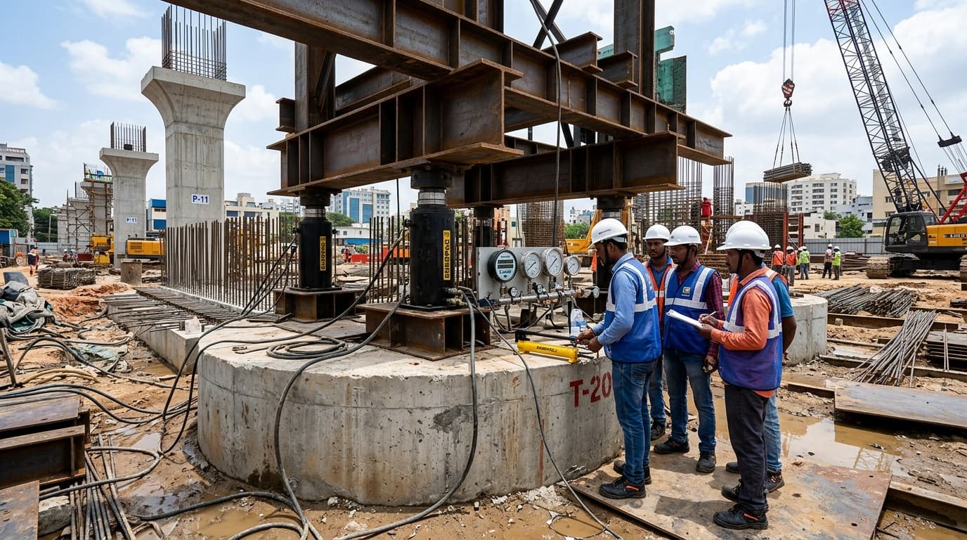 Engineers performing lateral load testing on a foundation pile using hydraulic loading and displacement measurement equipment.